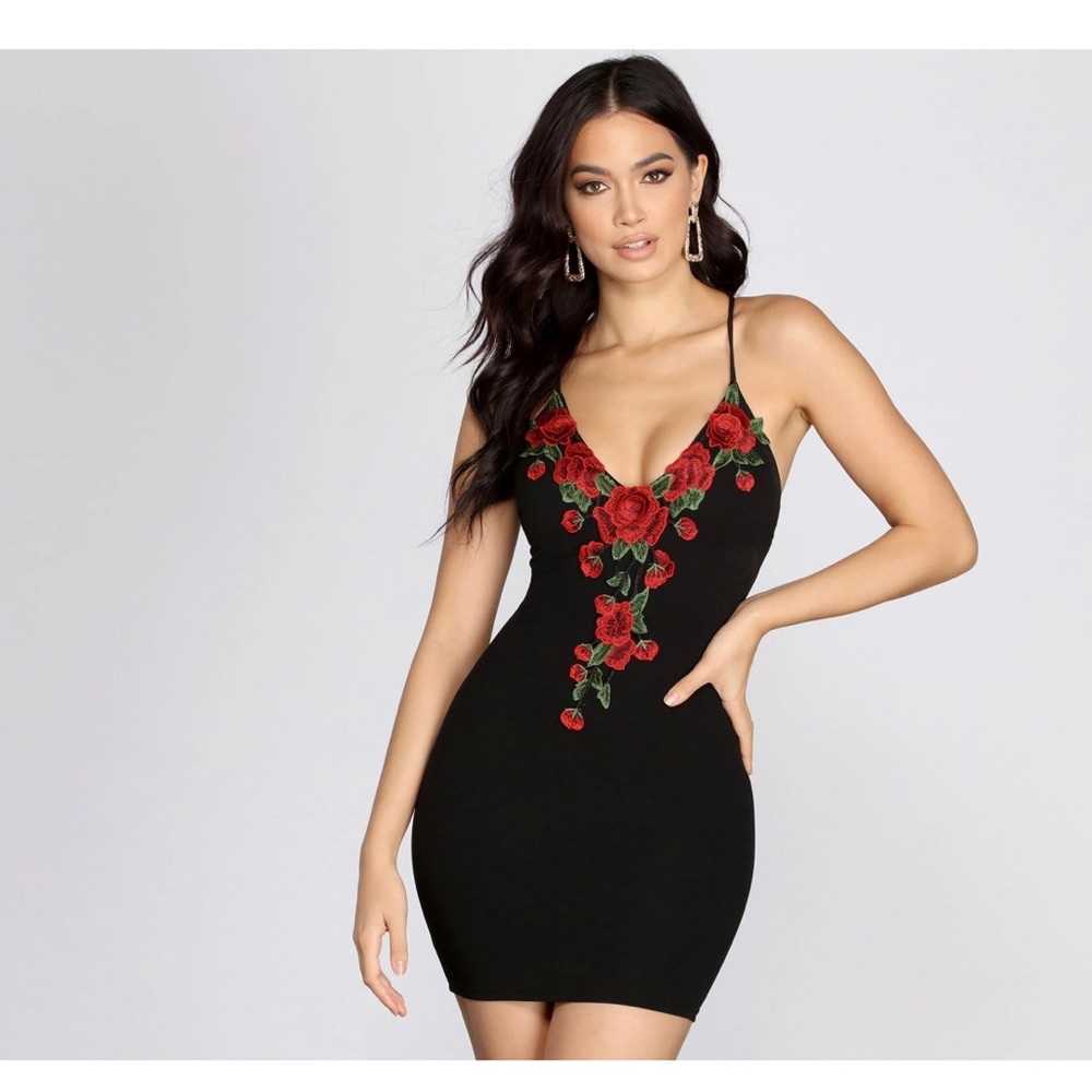 Black Dress with Roses Embroidery